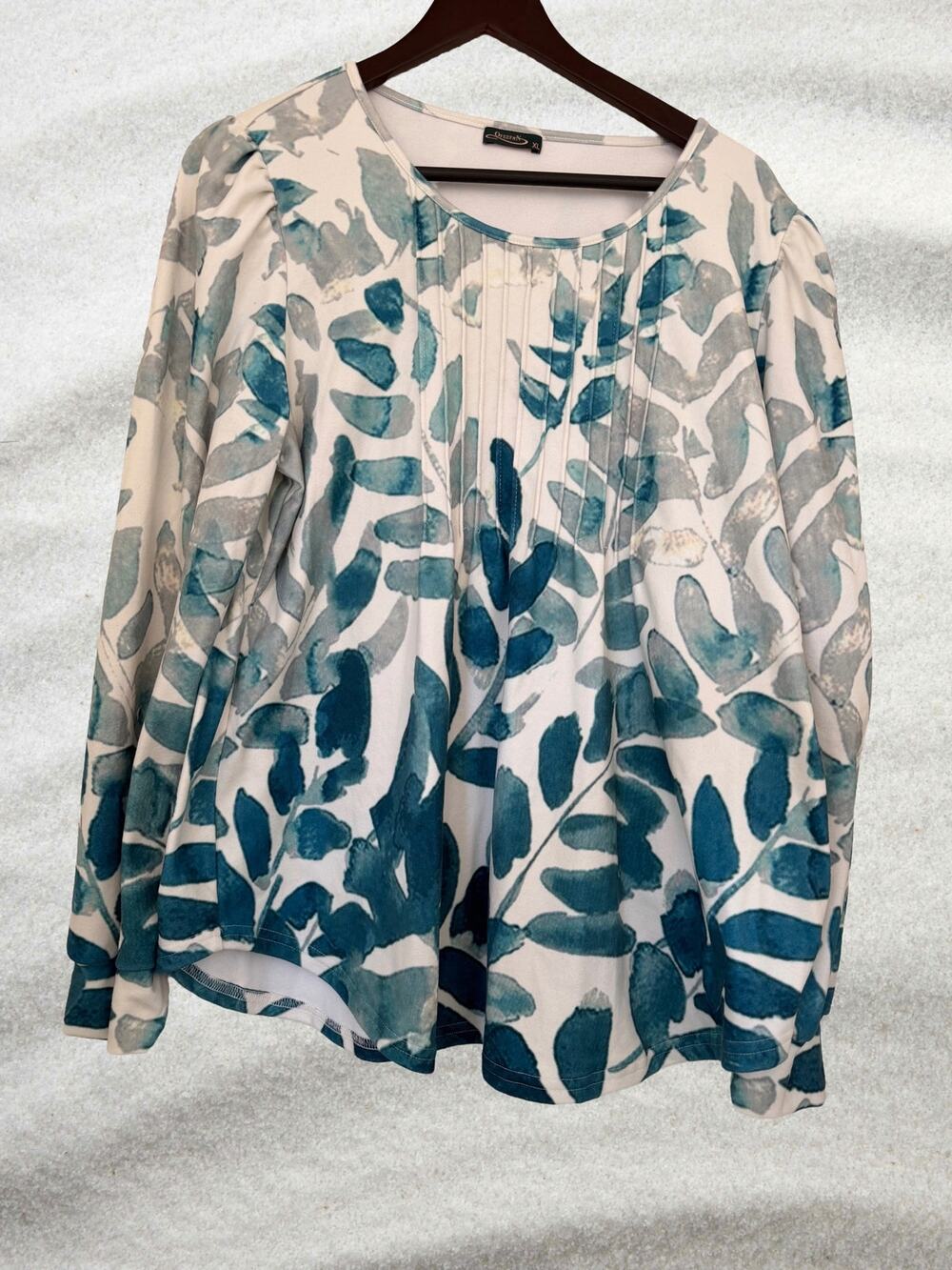 Ofeefan Watercolor Leaf Print Pintuck Long Sleeve Top XL Teal Gray